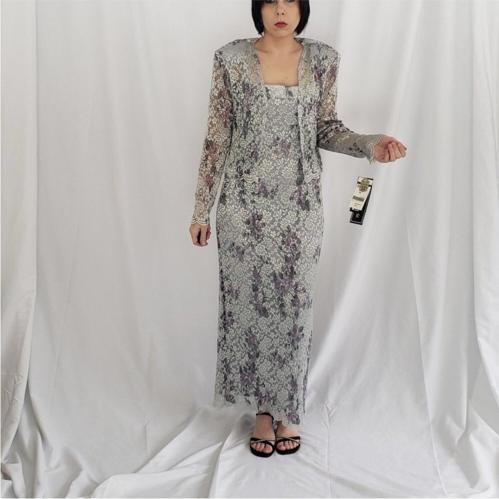 Sheer Floral Lace Maxi Dress in Gray and Lavender